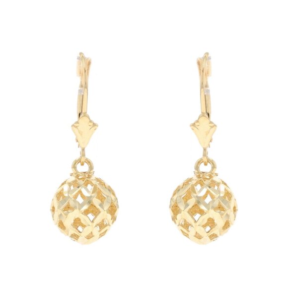 Yellow Gold Quilted Ball Dangle Earrings - 14k Orbs Pierced